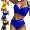 2 Pcs/Set Swimwear Set Solid Color Cross Halter Neck Hight Waist Women