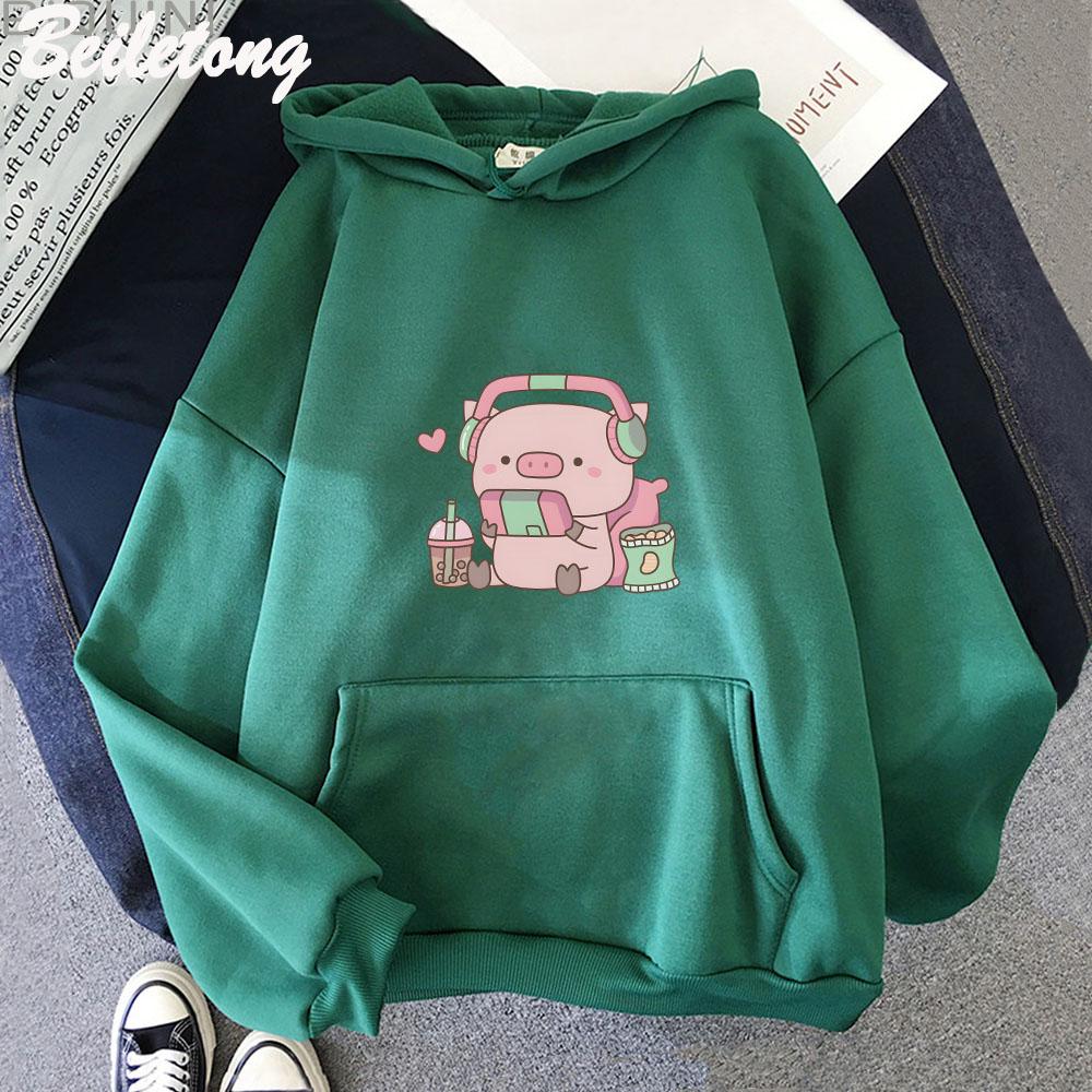 Милый маленький поросенок-геймер в наушниках Толстовки Женские Каваи Уличная одежда Свитшоты Графические пуловеры Одежда