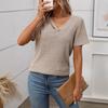 Summer Women's Knitted Corrugated V-neck Button T-shirt Short-sleeved Top