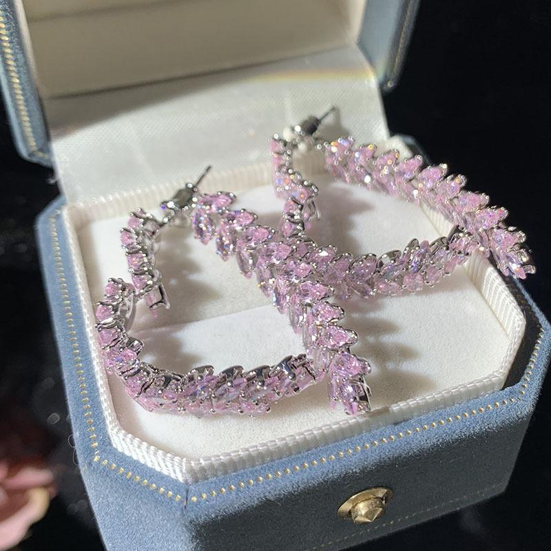 Pink Love Earrings Front and Rear Dual-purpose Integrated Super Flash Fairy Temperament Elegant Girl Heart Flow Su Leaf Earrings