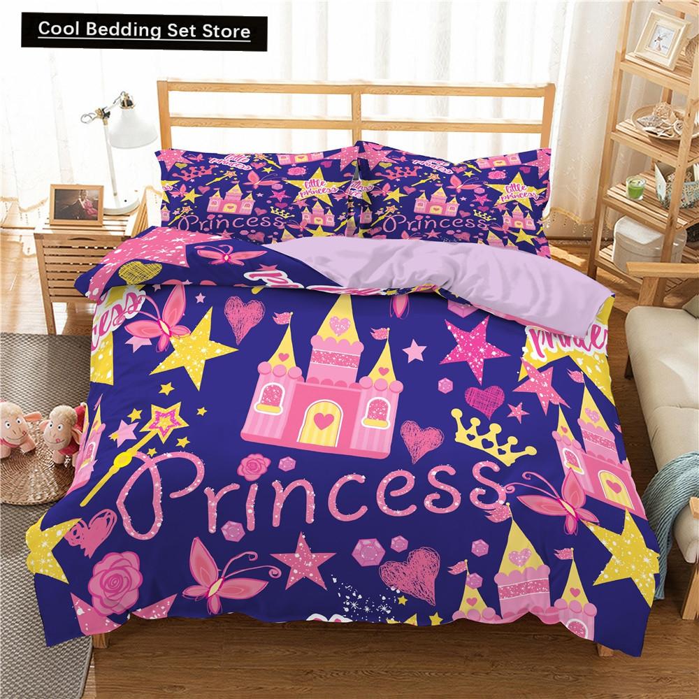 Kids Cartoon Duvet Cover Set Full/Queen Microfiber 3D Bedding Set Soft Pink Castle Princess Comforter Cover with Home Textile