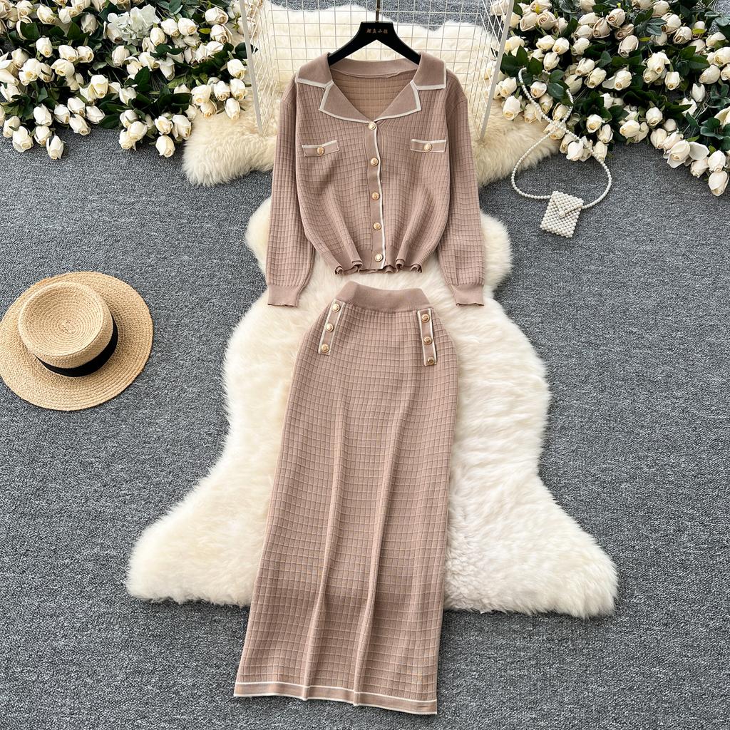 Simple Luxury Premium Solid Color Set Autumn/Winter Knitted Set Women's Polo Loose Shirt Coat+High Waist Skirt Two Piece Sets