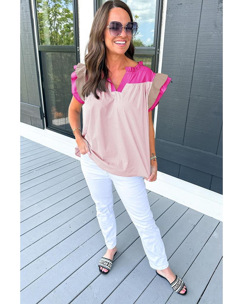 Azura Exchange Блузка с V-образным вырезом и оборками на рукавах в стиле колор-блок