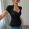 Женский -цветной V-образный вырез Короткий рукав Топ Футболка Базовый слой Рубашка