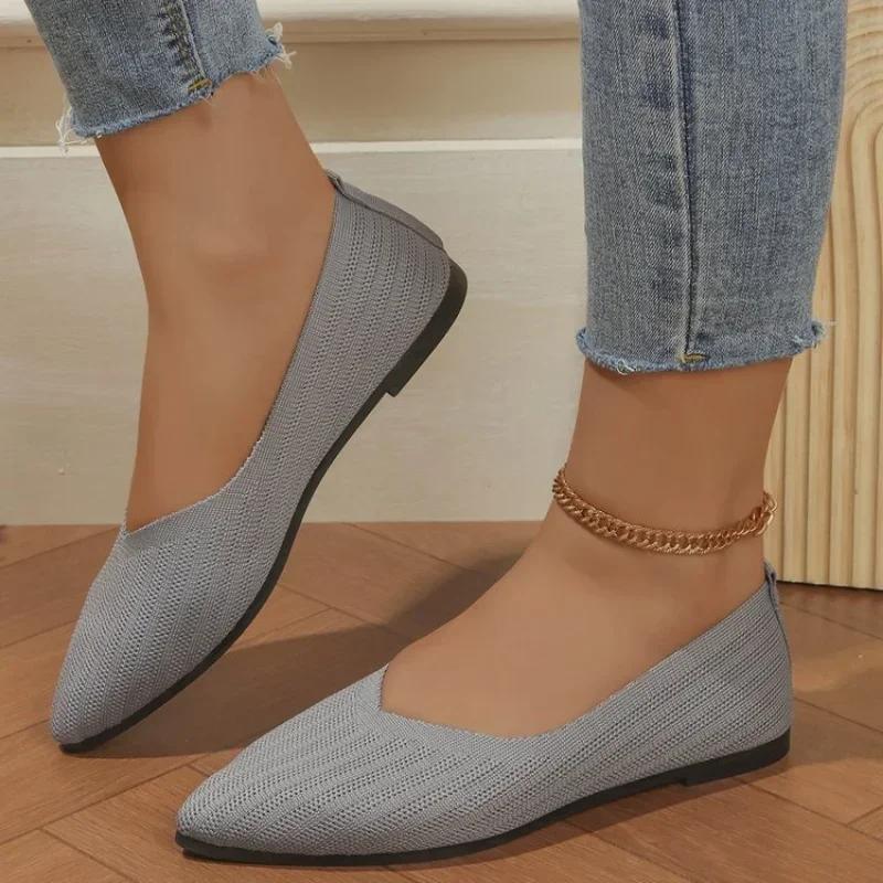 Женские туфли на плоской подошве с круглым носком. Удобные вязаные балетки на плоской подошве. Повседневная обувь без шнуровки на мелкой подошве. Офисные топсайдеры. Мокасины больших размеров.
