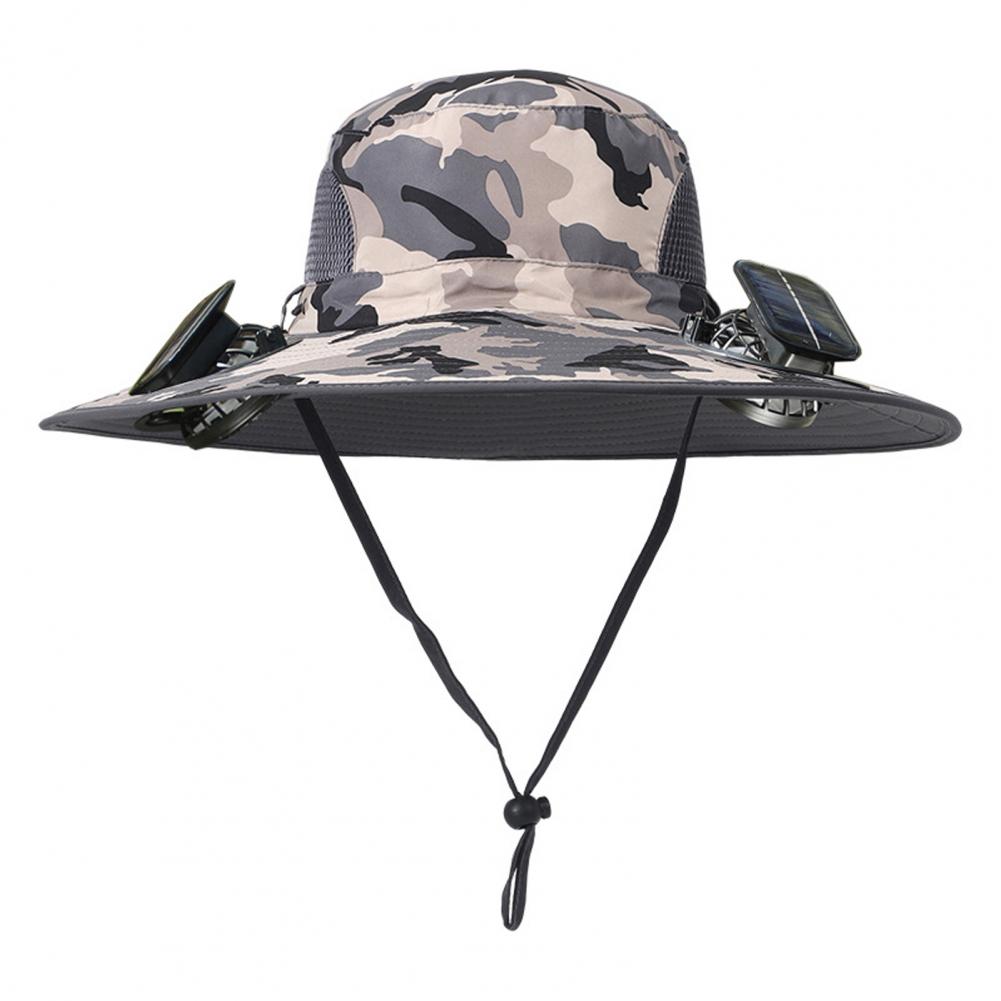 Men Fisherman Hat with Dual Solar Fan Large Brim Windproof Strap USB Charging Anti UV Sunlight Quick Dry Great Breath
