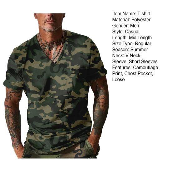 Мужская летняя футболка с V-образным вырезом, камуфляжным принтом, короткими рукавами и нагрудным карманом, пуловер средней длины, повседневная одежда, повседневный спортивный топ