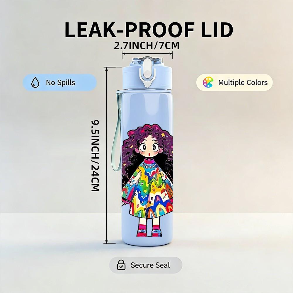 1PC Fashion Curly Black Girl Cartoon Pattern 750ml Color Plastic Sports Water Bottle Leakproof Flip Straw Lid Suitable for Sports Office Home Use