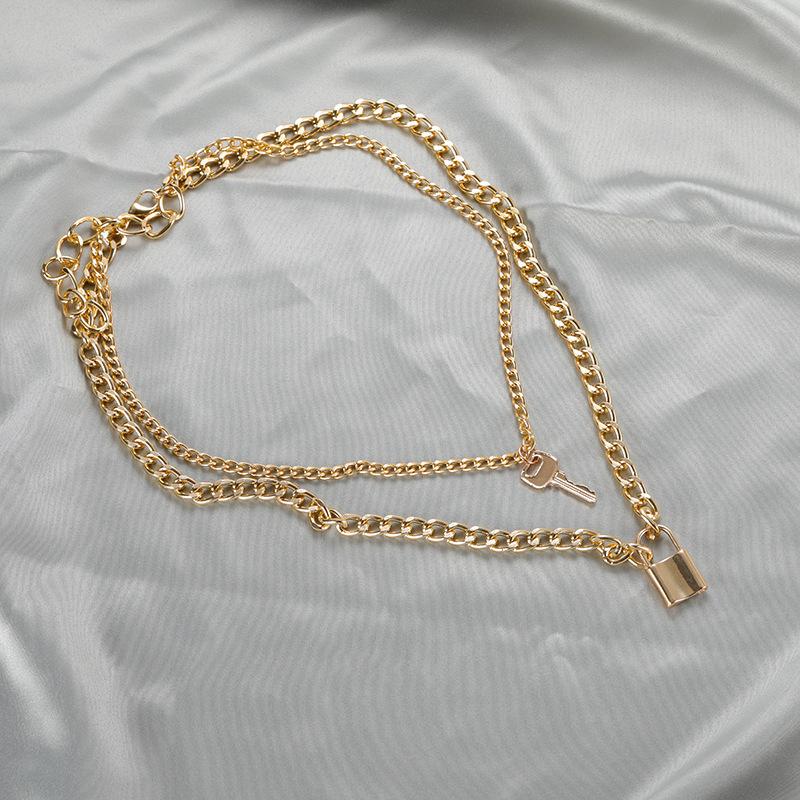 Винтажное креативное колье в стиле панк, преувеличенная толстая цепочка, ювелирное изделие, ключ с замком, двухслойное ожерелье, женское металлическое ожерелье на шею в стиле хип-хоп