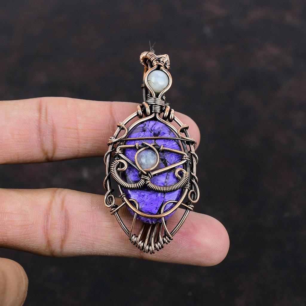 Кулон Медный Глаз Дьявола с Хароитом Кулон из Драгоценного Камня, Оплетенный Медной Проволокой Ручной Работы Стильный Кулон Кулон из Радужного Лунного Камня Медные Ювелирные Изделия