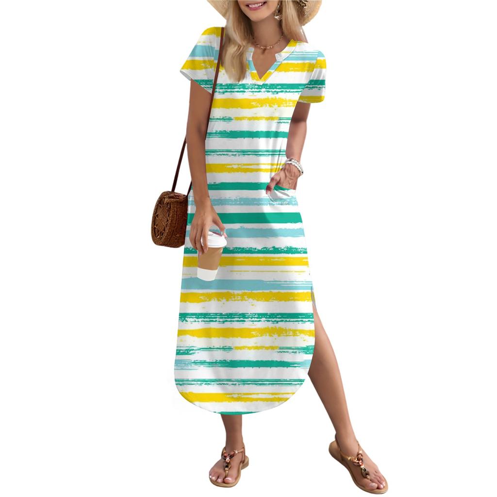 Женское длинное платье-рубашка с V-образным вырезом, повседневное, с коротким рукавом и свободным разрезом