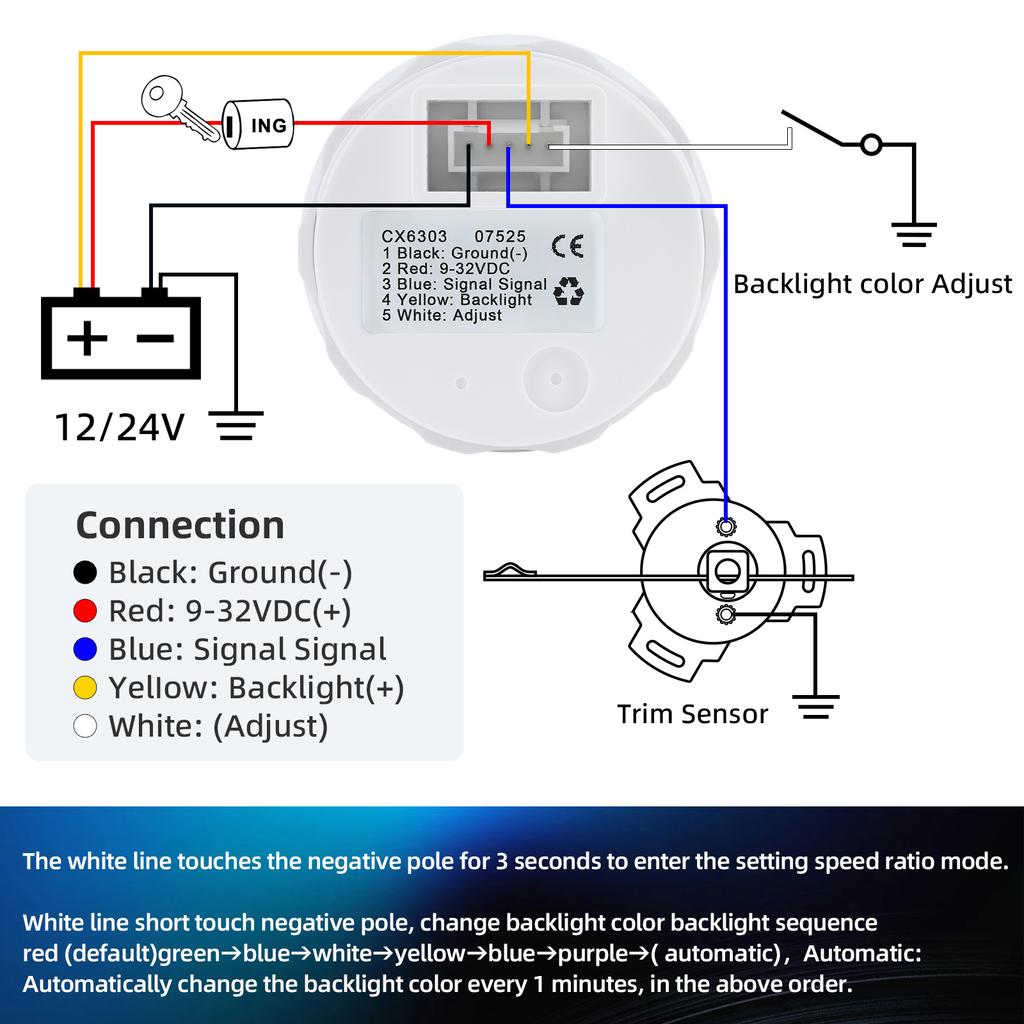 52mm Boat Balance Gauge 0-190ohm Boat Trim Meter Trim Tilt Indicator Digital pointer Gauge 7-color backlight For Yacht Marine