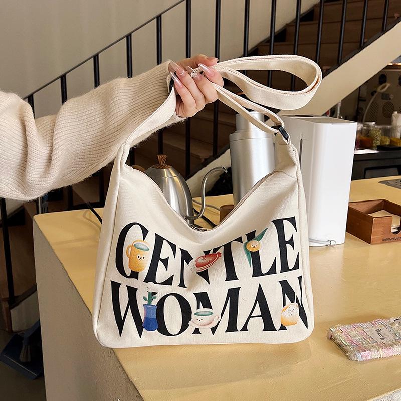 Women's Large Capacity Canvas Crossbody Bag with Letter Print - Versatile Fashion Shoulder Bag for Everyday Use