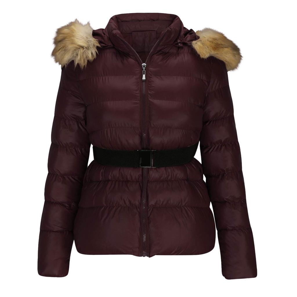 Women's Winter New Fashion Casual Slim Cotton Jacket Faux Fur Collar and Hooded Hooded Warm Jacket Coat Pu Leather Zipper