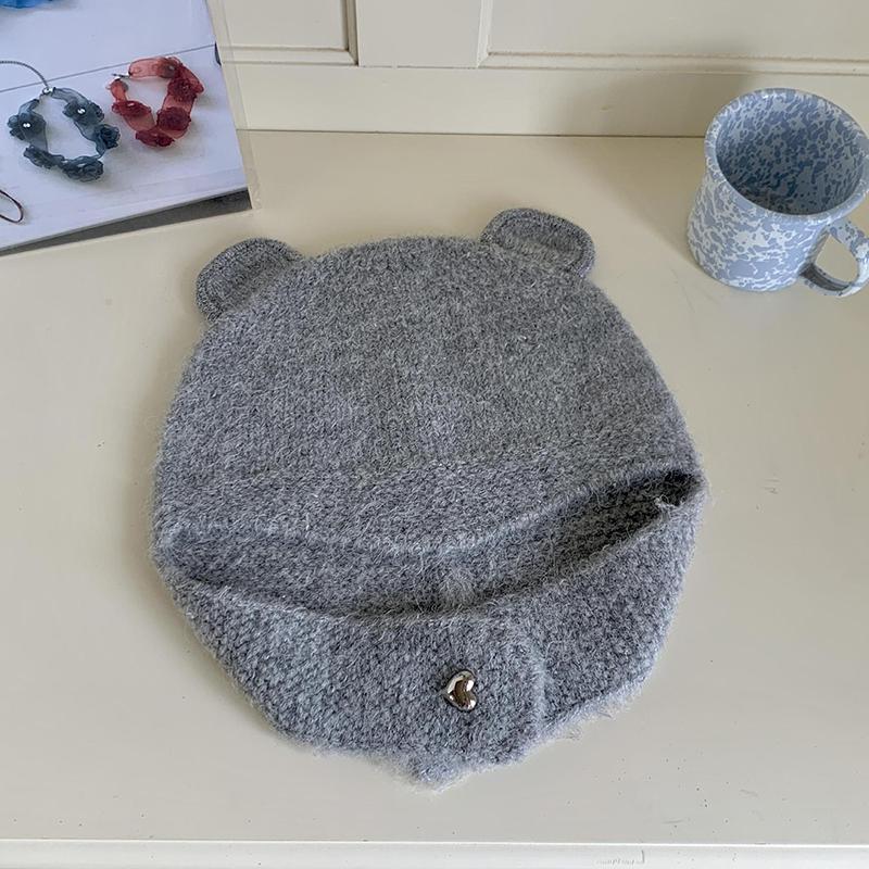 Женская зимняя японская симпатичная вязаная шапка-бомбер с ушками, круглая шапка с медвежьими ушками, защитные шапочки-бини