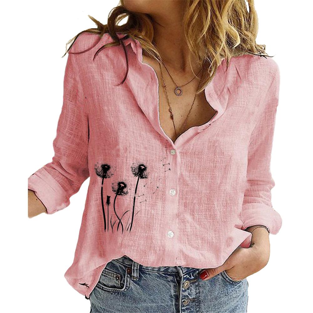 Women Fashion Cotton Linen Shirt Floral Print Long Sleeve Top Ladies Casual Stand-collar Buttoned Blouse