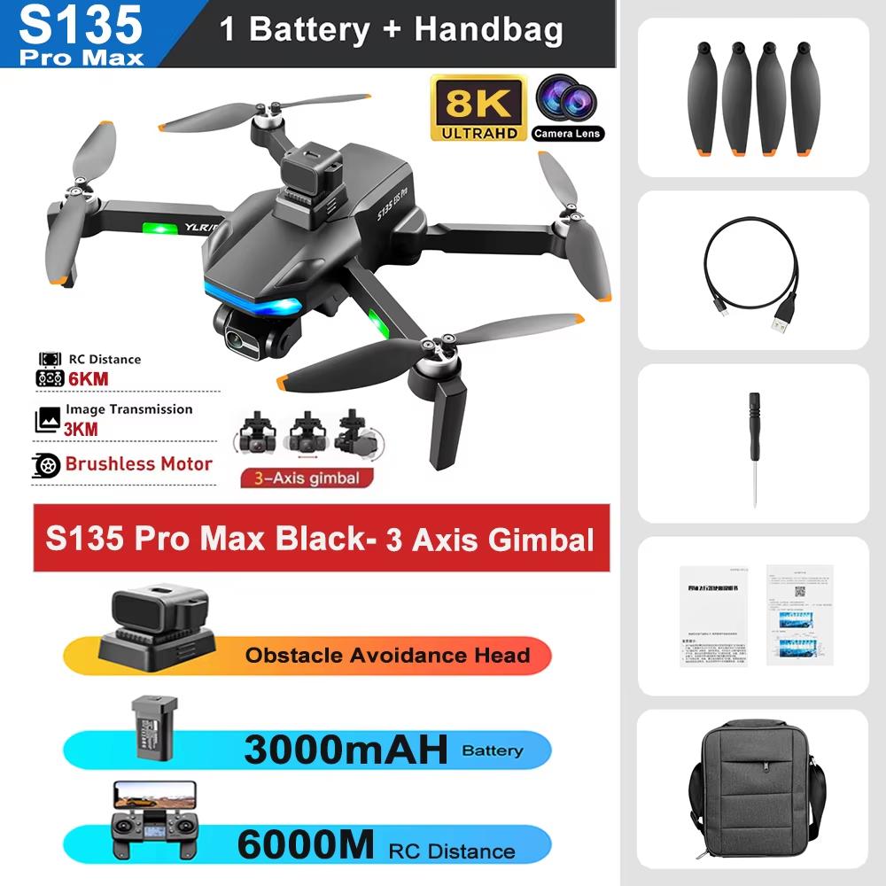 Новый профессиональный дрон S135 8K ESC с двойной камерой, 3-осевым подвесом, 5G WIFI FPV, GPS-позиционированием, бесщеточным лазером, предупреждающим препятствия, RC-квадрокоптером, игрушка в подарок