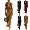 Women's Long Sleeve Lapel Button Suede Wrap Long Dress Warm Casual Belted Dress