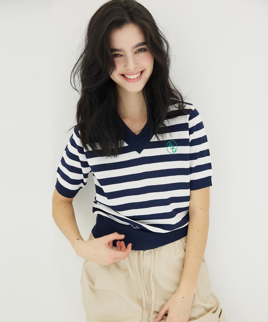 AWESOME STUDIO V-Neck Striped Knit Navy