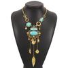 European and American Ethnic Style Exaggerated Pattern Inlaid Turquoise Alloy Necklace, Retro Design Y-shaped Neck Chain