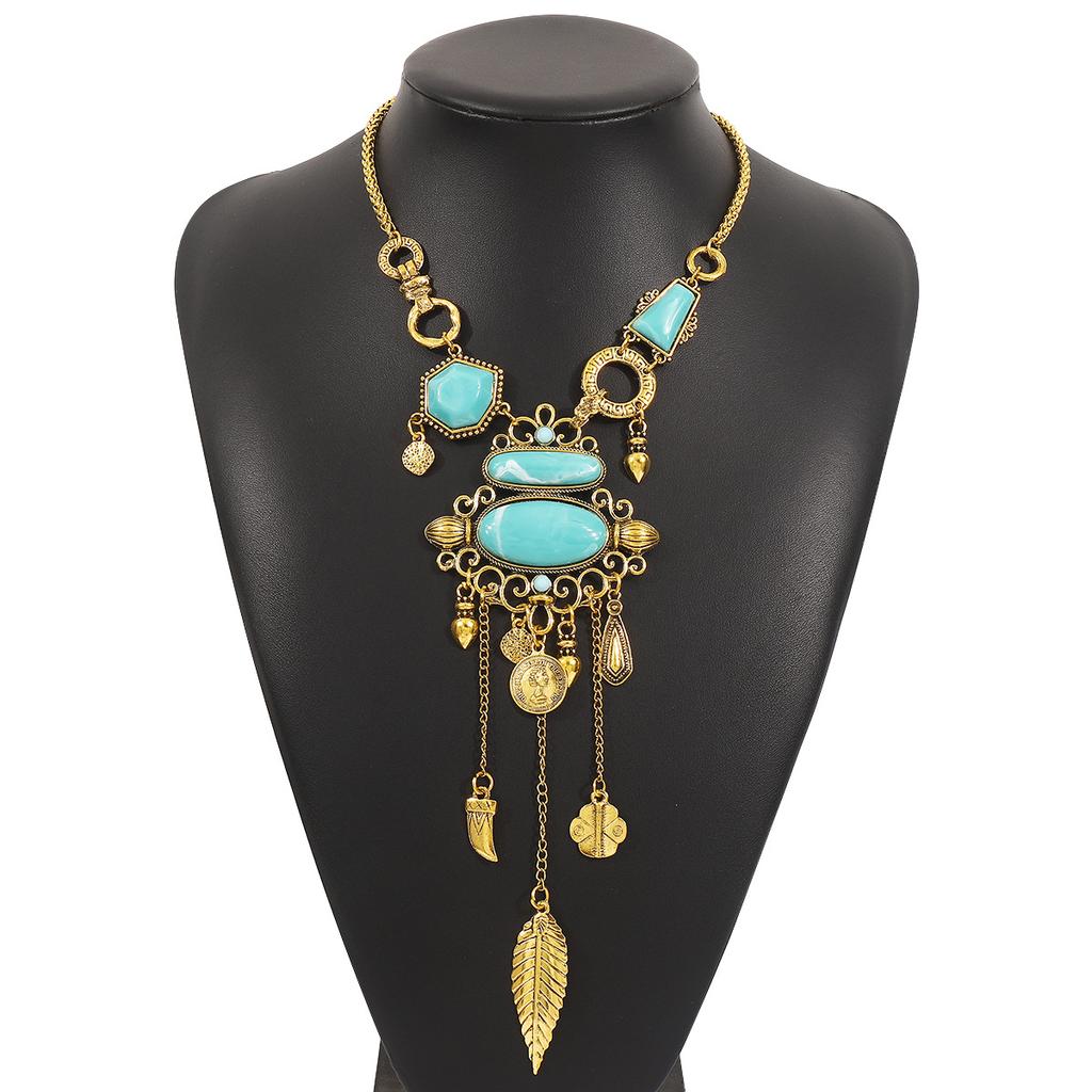 European and American Ethnic Style Exaggerated Pattern Inlaid Turquoise Alloy Necklace, Retro Design Y-shaped Neck Chain