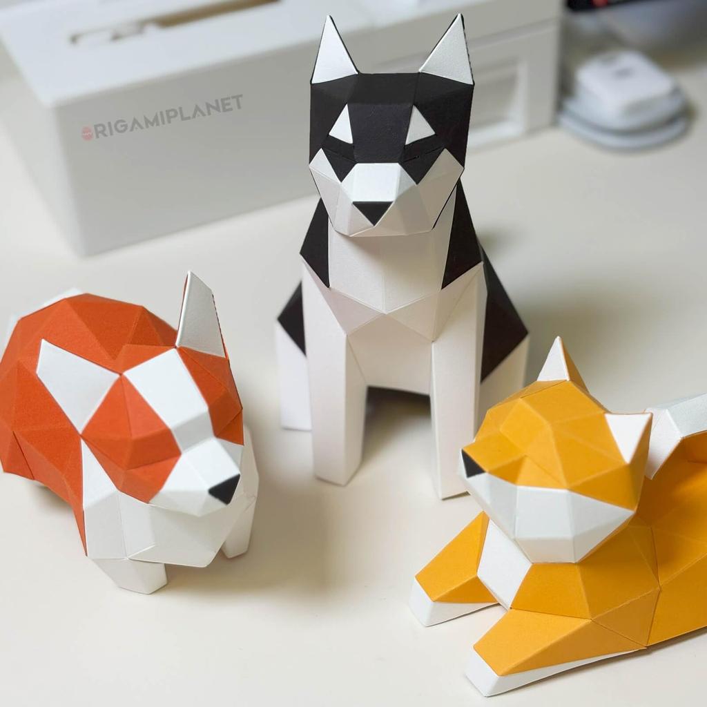 ORIGAMIPLANET Hello Puppies 3D Origami Paper Craft Gift Set 3 Inu 3D Origami Cute Animal Dog Paper Sculptures for Teens Birthday Home Decor DIY Art