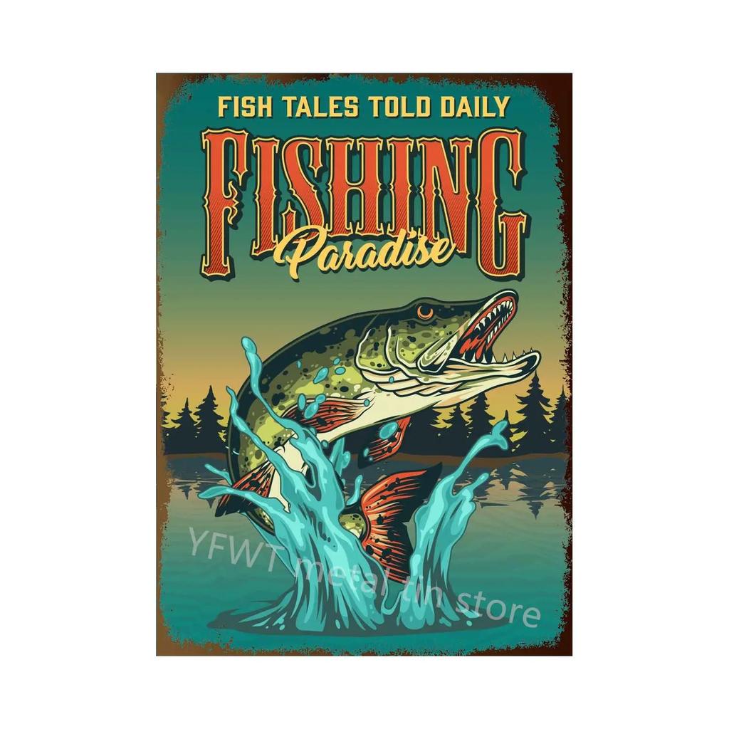 Fishing Rules Metal Tin Sign Fishing Sign Vintage Metal Plate for Wall Poster Farm Art Decoration Retro Stickers Plaques