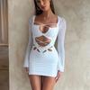 Sexy Bandage Mini Dress for Women Long Sleeve Lace Up Bodycon Streetwear Spring Textured Dress