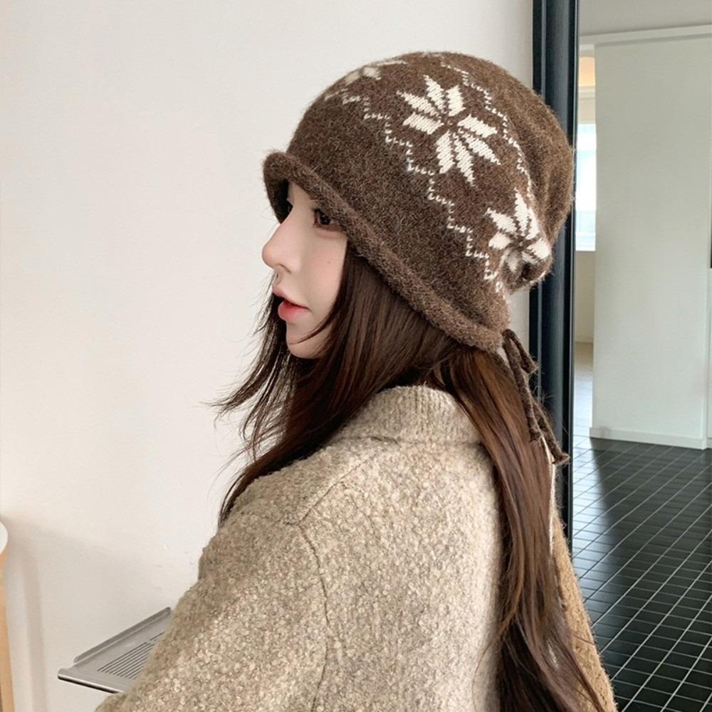 Drawstring Beanies Hat Snowflake Printed Winter Hat Fashion Knitted Hat Autumn