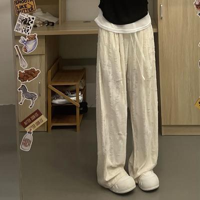 Повседневные брюки Off - White с рваными деталями и отделкой стразами для женщин - Весенне-осенние драпирующиеся стройнящие повседневные брюки в пол с широкими штанинами