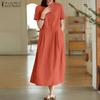 Women Korean Stand Collar Mid-Calf Length Pleated Short Sleeves Dresses