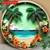 2D Flat 20*20cm1pc Retro Hawaii Beach Island Palm Trees&flowers Scenery Round Wall Ornament, Summer Ocean Design Durable Decoration Suitable for Bars