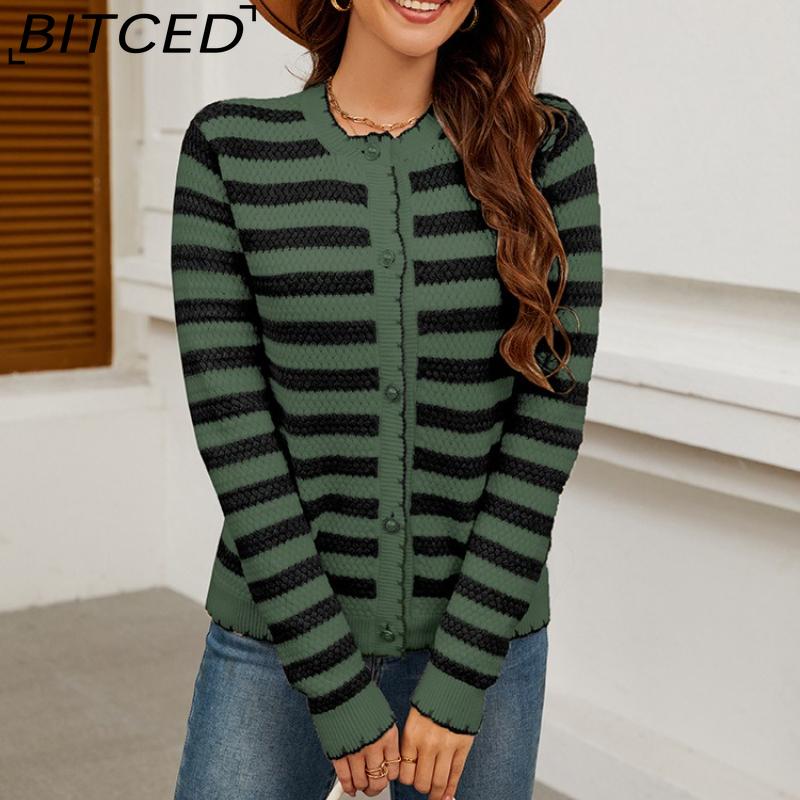 BITCED Autumn/Winter Women's Striped Knitted Cardigan with Buttons