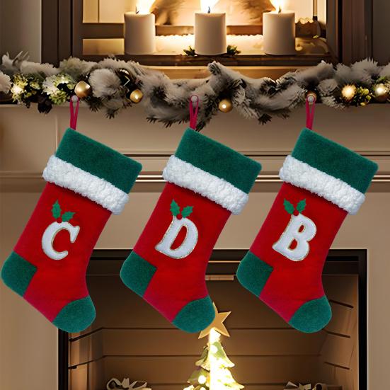 18 Inches Monogram Christmas Stockings with Letters Embroidered Initials Xmas Hanging Stockings for Fireplace Christmas Party Decoration