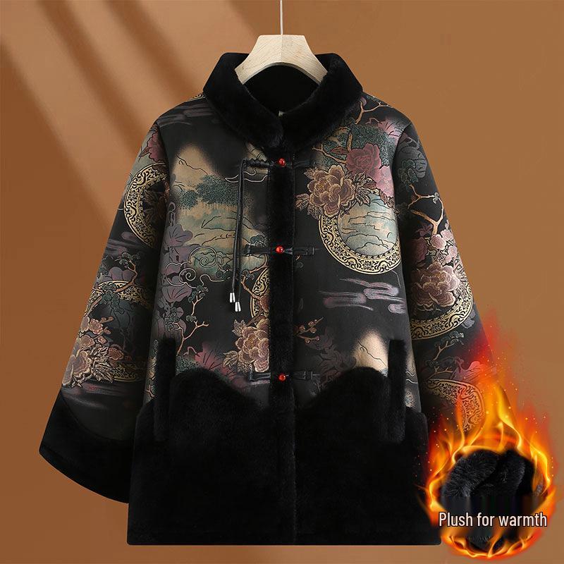 Зимние пальто для женщин среднего и пожилого возраста: Подбитый мехом костюм Тан с застежками-лягушками для мам и бабушек