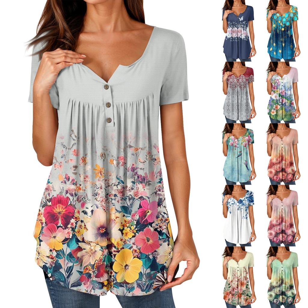 Women Tunic Tops Dressy Casual Summer Short Sleeve Shirts Loose Fit Pleated Boho Top