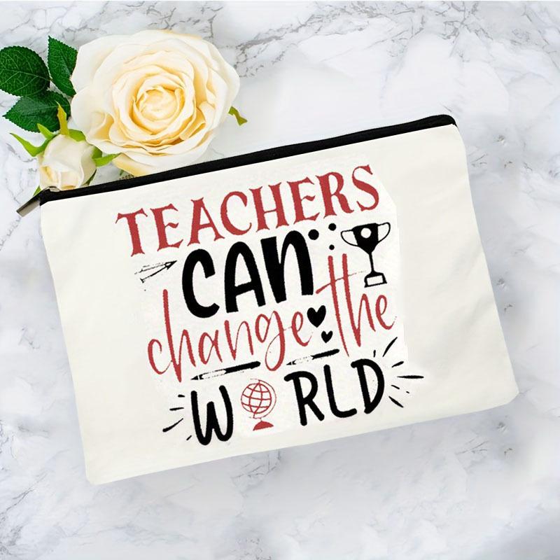 Simple Teacher Change The World Pattern Print Makeup Bag, Women Handhold Bag Travel Cosmetics Storage Pouch Bag Toiletry Bag, Gift For Teacher