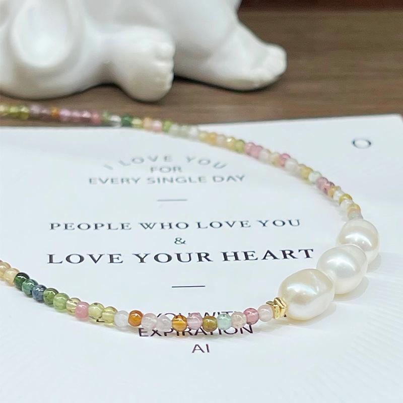 Qiaoen 2 мм Турмалиновое ожерелье конфетных цветов с пресноводным жемчугом - Женский французский ретро-стиль