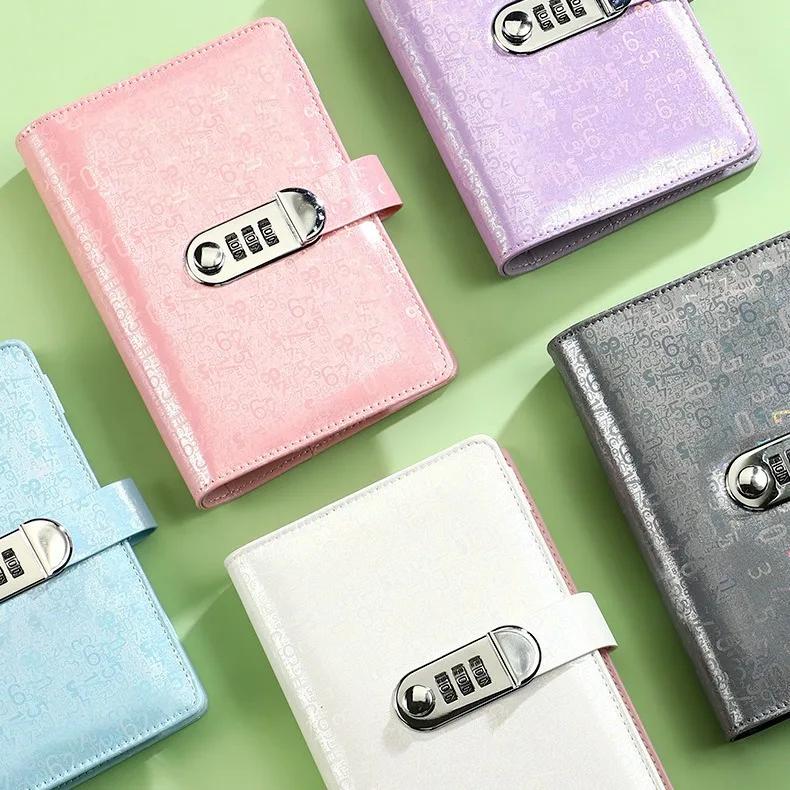 A6 Laser Coded lock PU Clip-on Notebook Кожаная обложка для блокнота с отрывными листами Блокноты Журнал Kawaii Канцелярские принадлежности