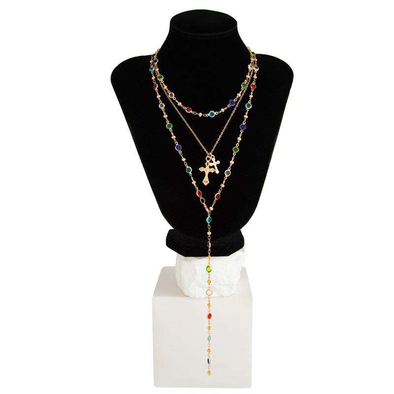Fashionable Light Luxury Jesus Cross Pendant Necklace Set For Women Trendy Colorful Crystal Chain Choker Christian Jewelry Gift