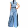 Jumpsuits Women One Piece Denim Jeans Overalls Sleeveless High Waist Turn Down Collar Wide Leg Long Pants Rompers Summer