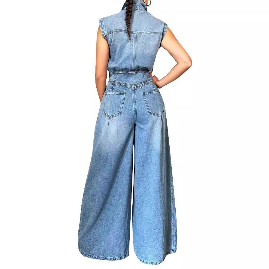Jumpsuits Women One Piece Denim Jeans Overalls Sleeveless High Waist Turn Down Collar Wide Leg Long Pants Rompers Summer