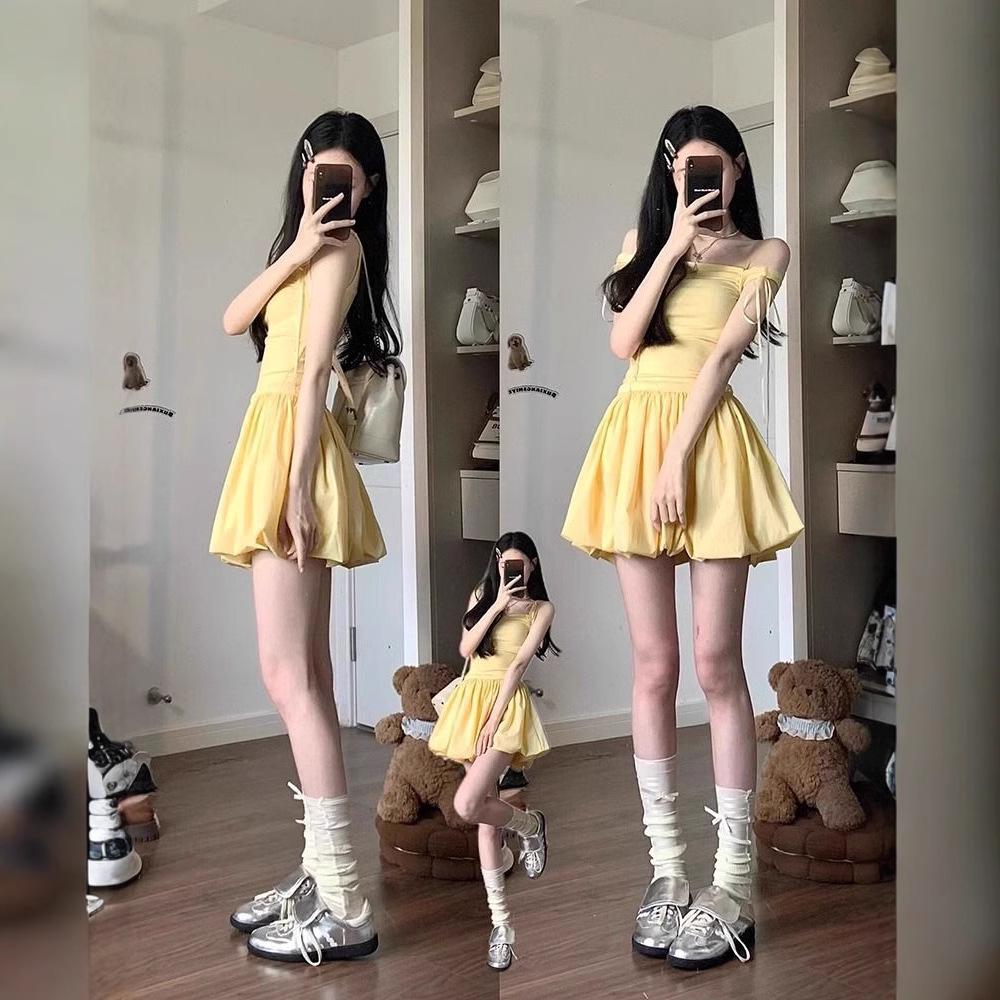 Французское желтое облегающее платье-майка с пышной юбкой - Летний нишевый дизайн для женщин