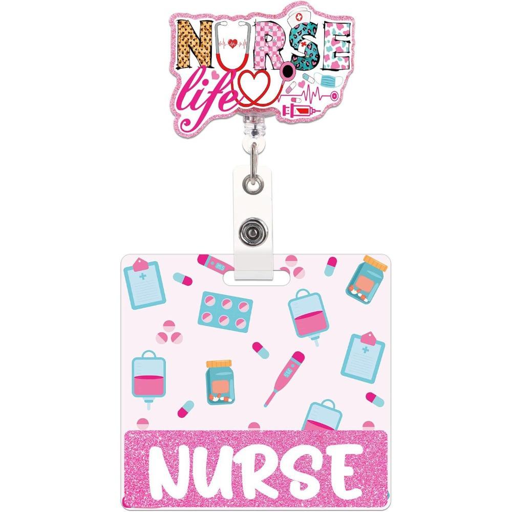 Pink Glitter Retractable ID Holder Alligator Clip Name Cards Holders Identification Tags