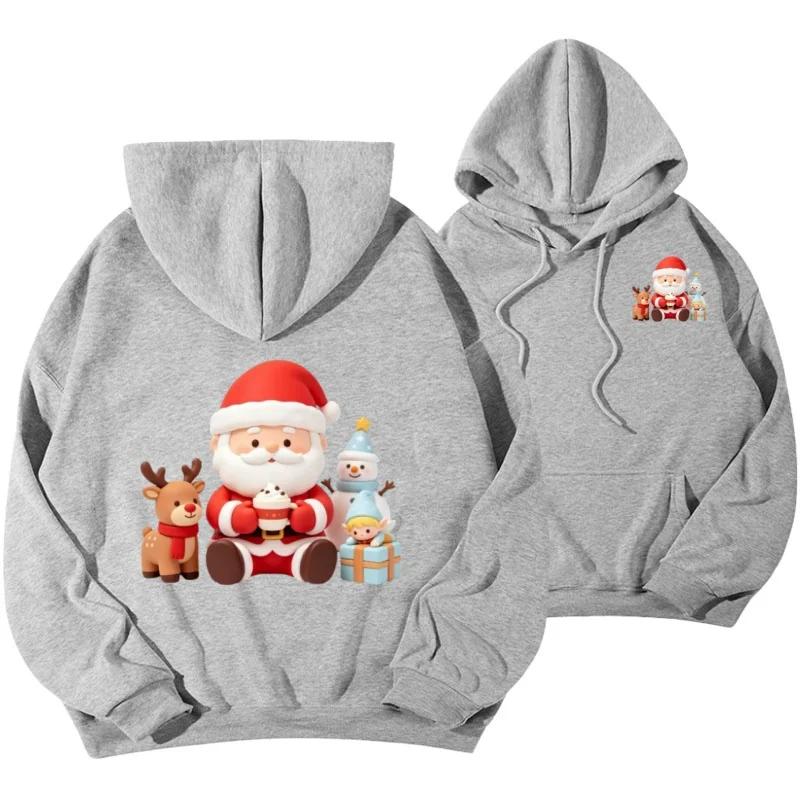 Chibi-xmas Men Hoodie Hooded Top, Cute Santa Reindeer Snowman Front Chest & Big Back Print, Warm Fleece Pullover Sweatshirt for Weekend City Roams