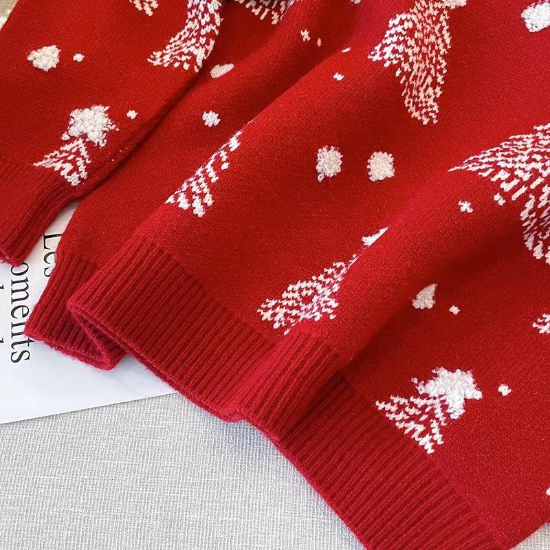 Sweater Women's Christmas Red New Round Neck Color Matching Jacquard Knitted Sweater To Keep Warm