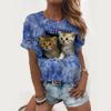 Жен. Футболка Кошка Графика С принтом Круглый вырез Верхушки Хлопок Классический топ Белый Черный