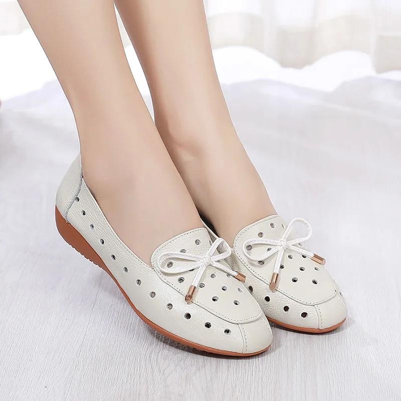 2025 Summer Mom Cowhide Leather Moccasins Woman Slip On Wedges Shoes Designer Breathable Hollow Out Bowtie Ballet Flats