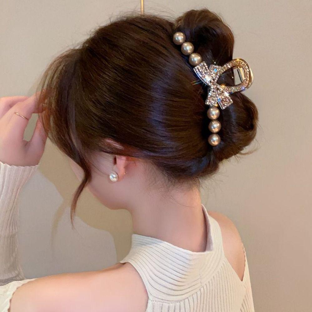 Rhinestone Bow Claw Clip Korean Style Pearl Hair Claw Sweet Large Shark Clip  Ladies
