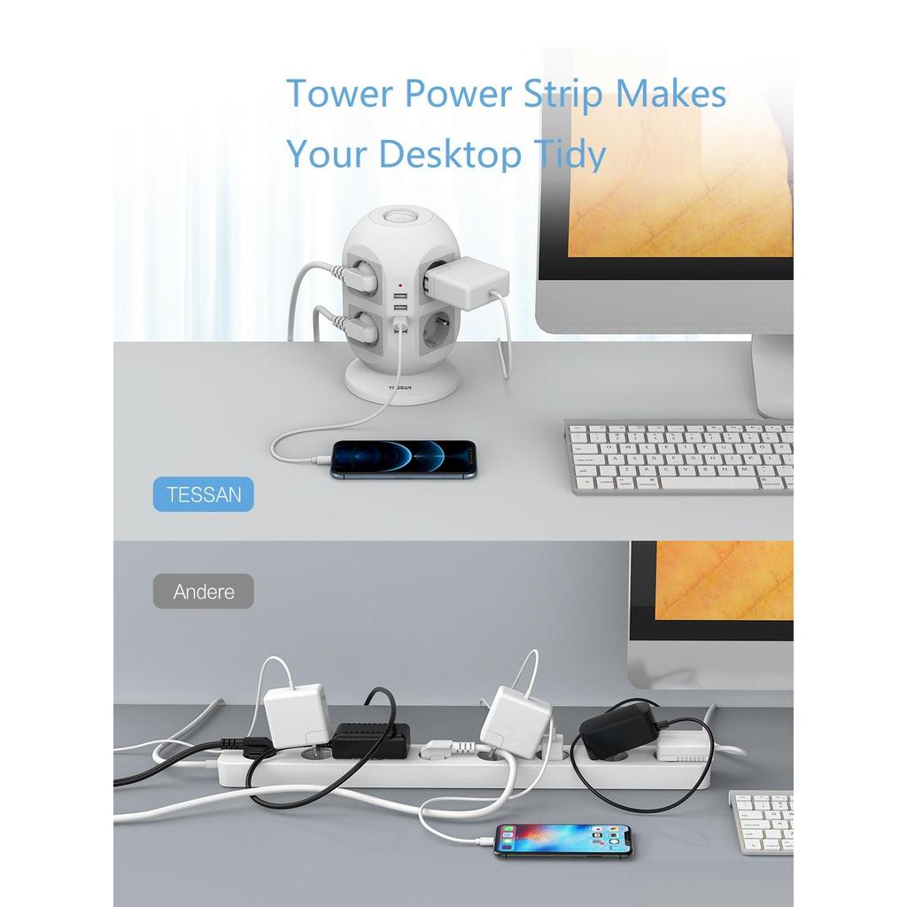 Tessan Удлинитель Tower Вертикальная защита от перенапряжения Вилка европейского стандарта Несколько розеток с переключателем 8 розеток 4 порта USB Удлинительный кабель длиной 2 м